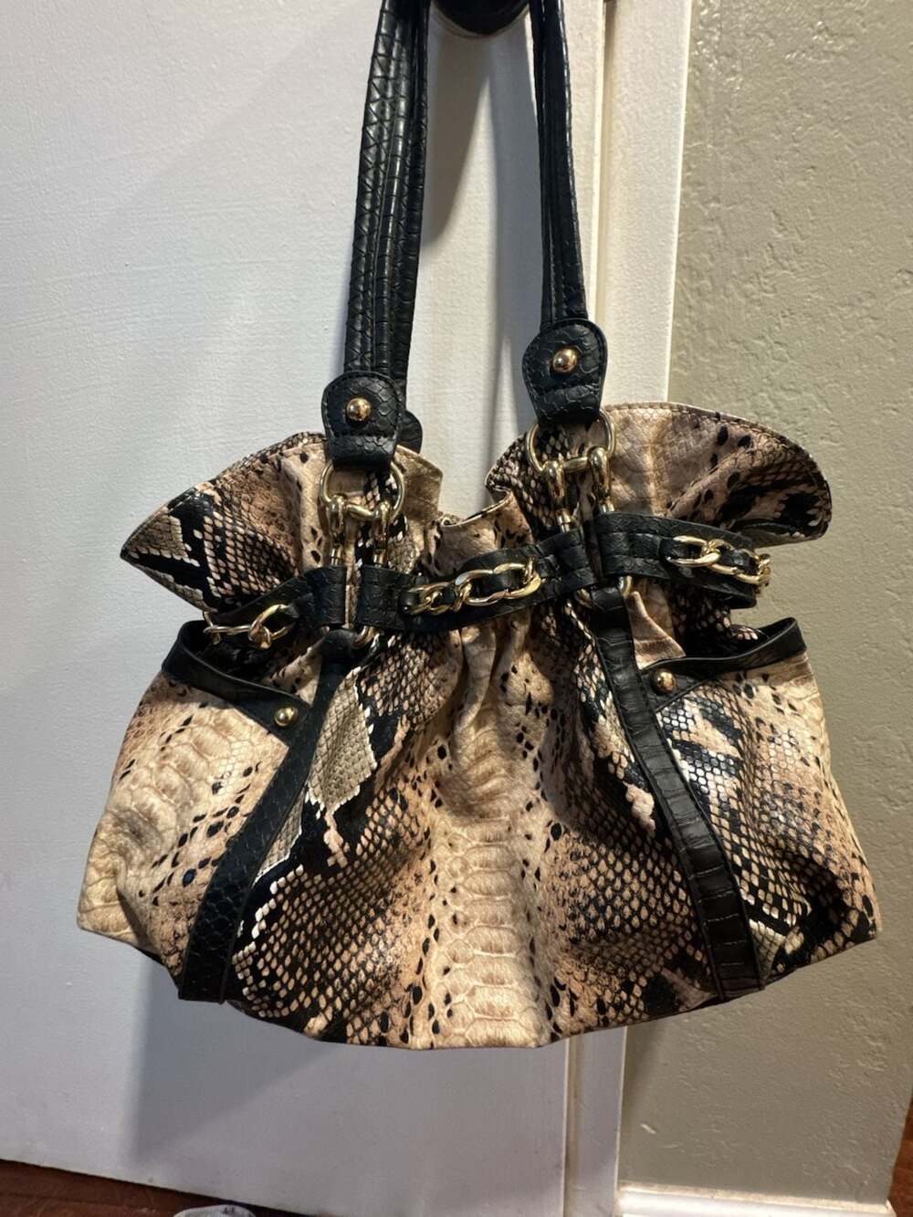 Wilsons Leather Snakeskin Hobo Bag with Gold Chain Detail